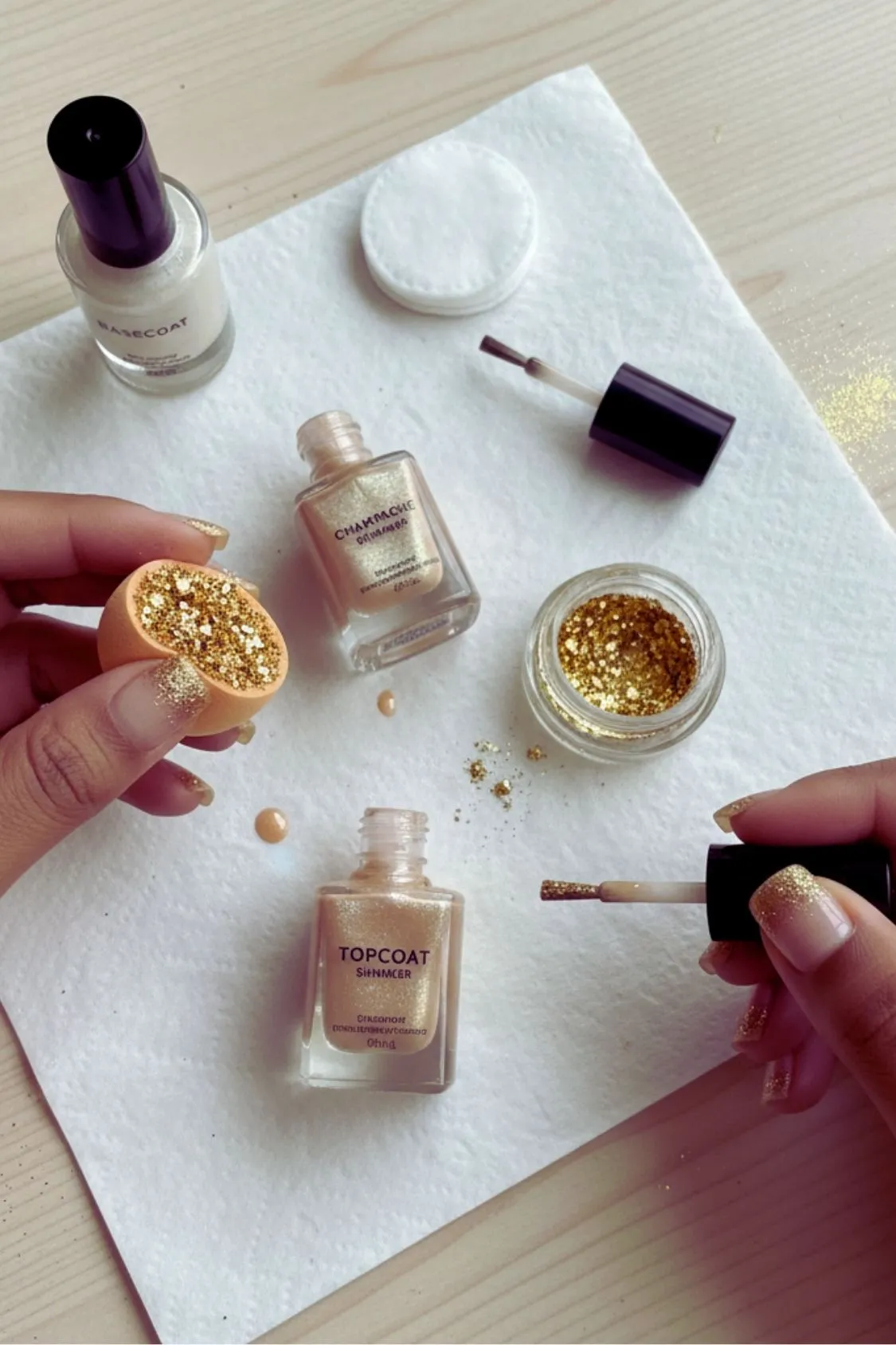 A step-by-step visual guide showing how to apply a gradient glitter nail design at home.